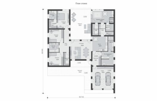 Одноэтажный дом с гаражом на две машины и внутренним двориком